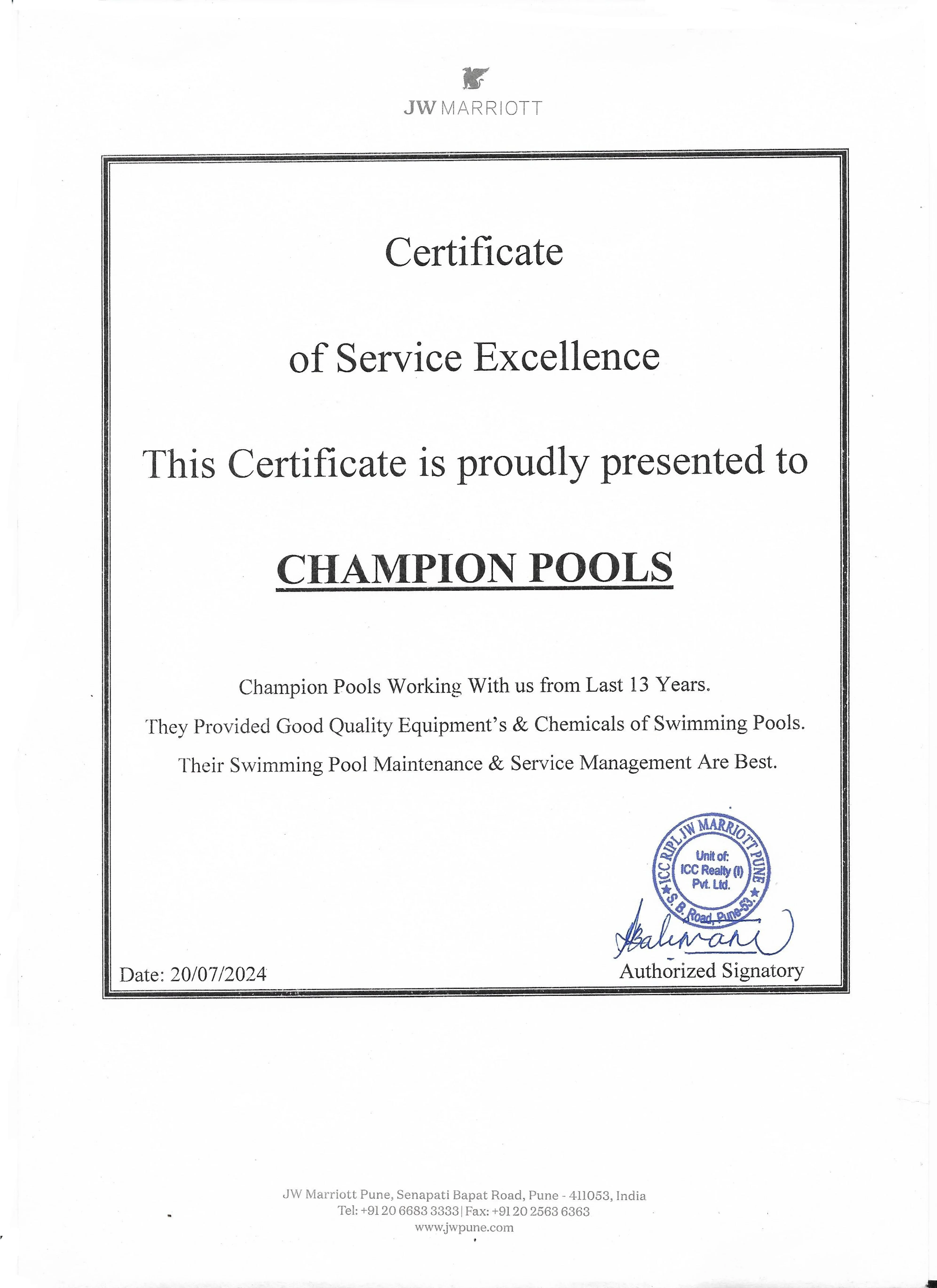 JW Marriott Hotel certificate image