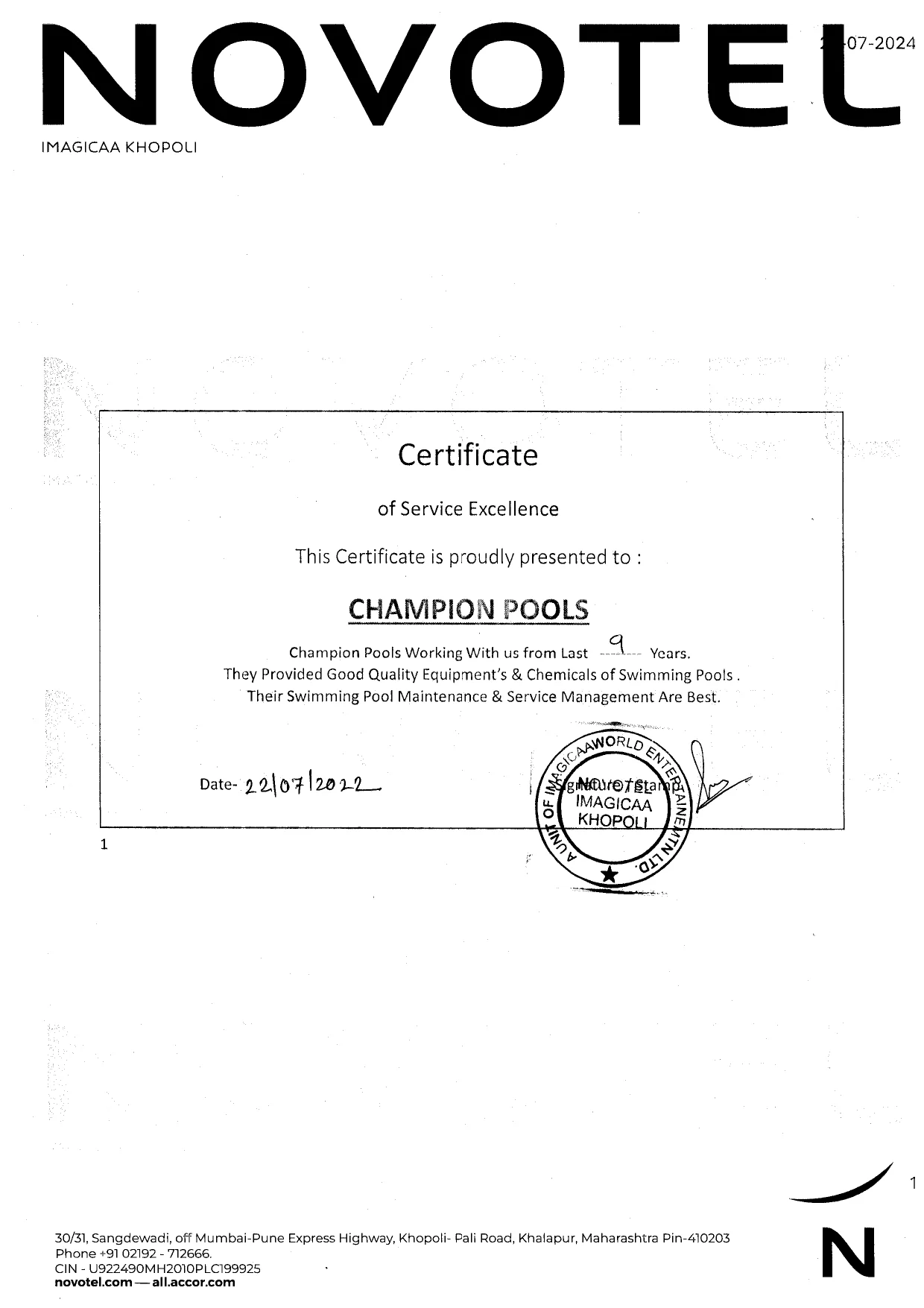 Novotel Hotel certificate image