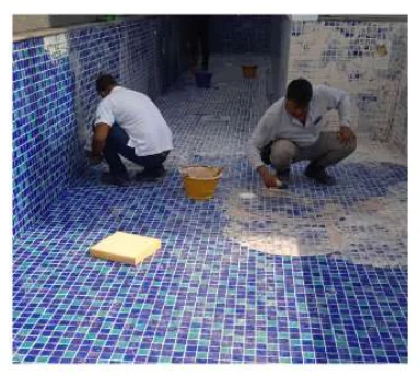 Swimming pool tile samples for adhesive, grout, and waterproofing work