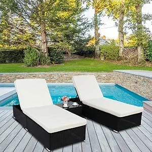 Outdoor poolside furniture including weather-resistant loungers, chairs, and tables